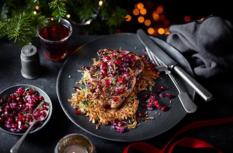 Image of "Lamb chops with pomegranate salsa and parsnip rosti"