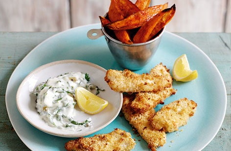 Image of "Plaice goujons with sweet potato wedges and tartare sauce"