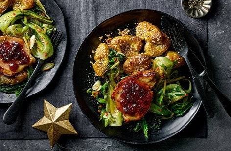 Cranberry pork with sesame potatoes