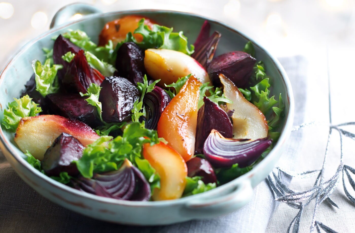 Roasted beetroot, pears and red onion with winter leaves