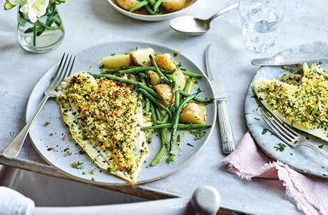 Image of "Plaice with lemon, garlic and parsley crust"