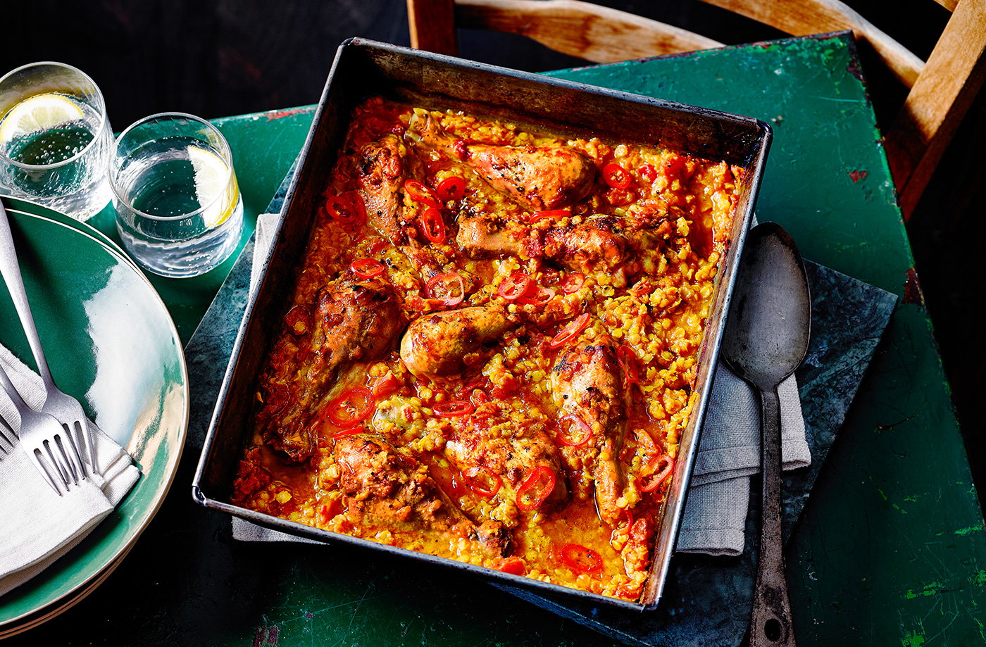 Spiced chicken and lentil traybake