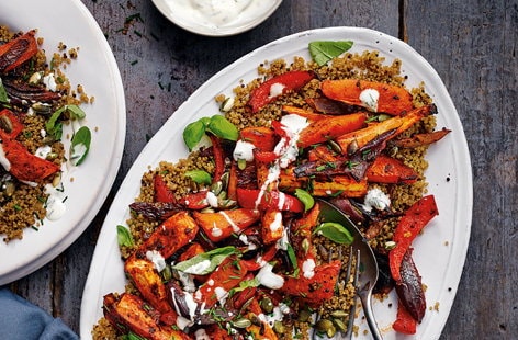 Image of "Harissa-roasted root veg with herby yogurt"