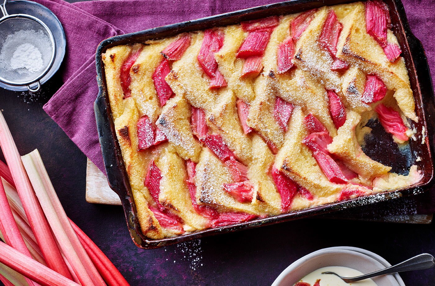 Rhubarb and custard bread and butter pudding