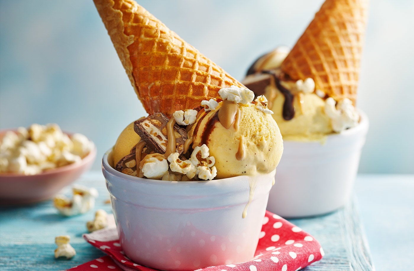 Chocolate and peanut butter upside-down cones