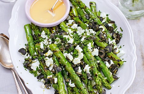 Image of "Griddled asparagus with feta, olives and oregano"