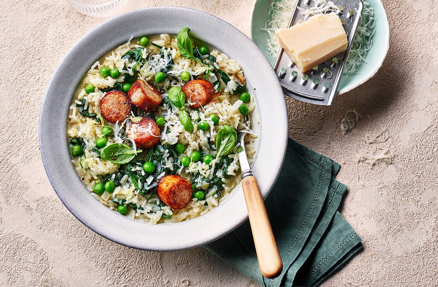 Sausage and pea risotto