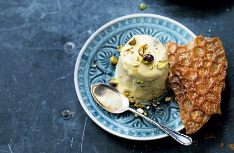 Image of "Mango and pistachio kulfi with golden snaps"