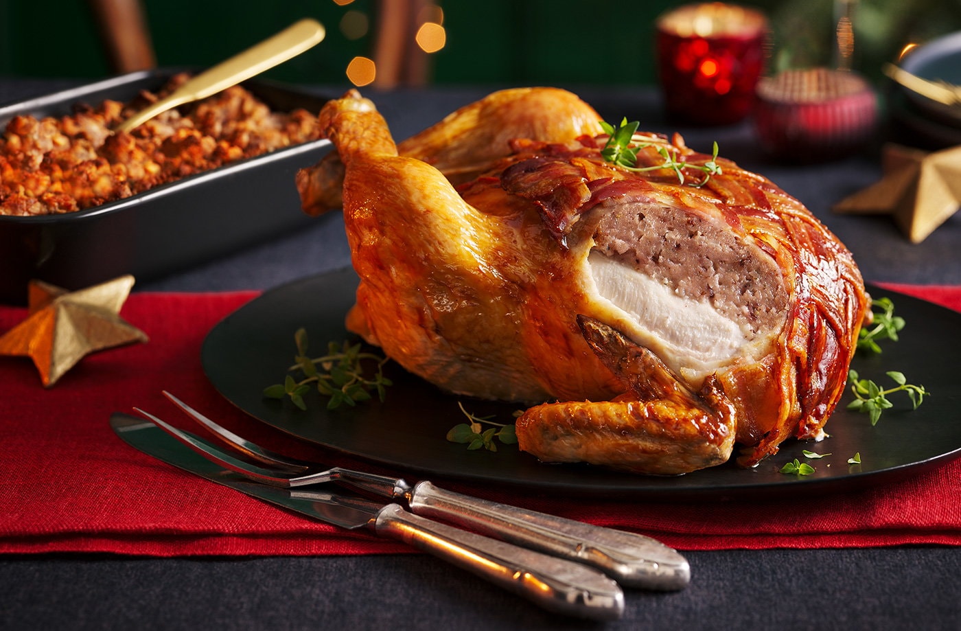 Brie and cranberry-stuffed chicken wrapped in bacon