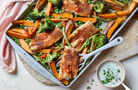Image of "Piri-piri fish, sweet potato and broccoli traybake"