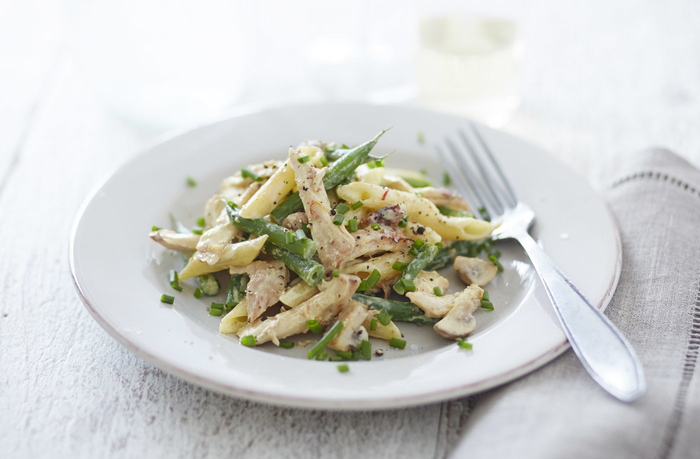 Warm chicken and mushroom pasta salad