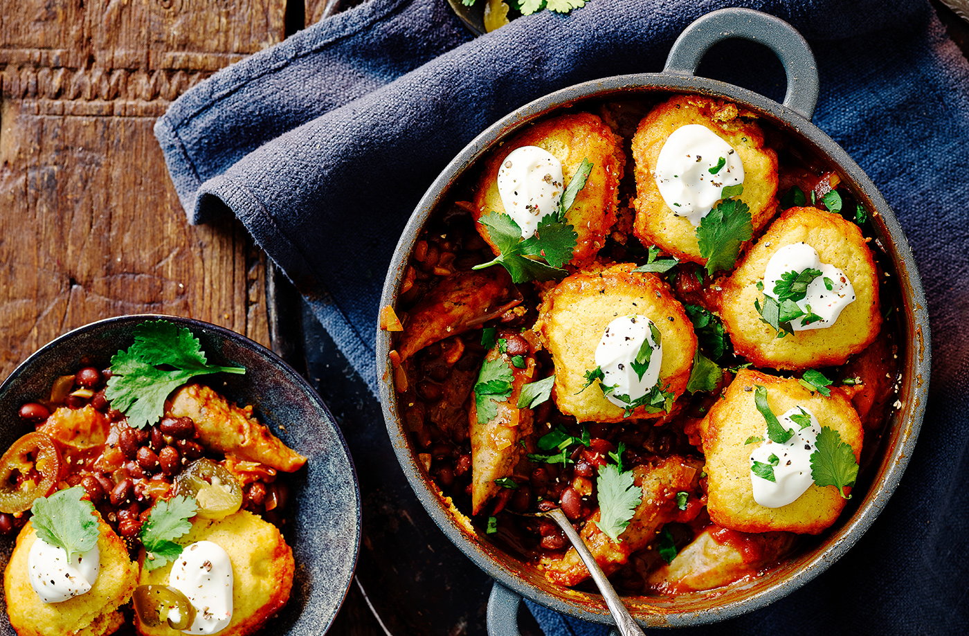 Spicy banger stew with cornbread dumplings