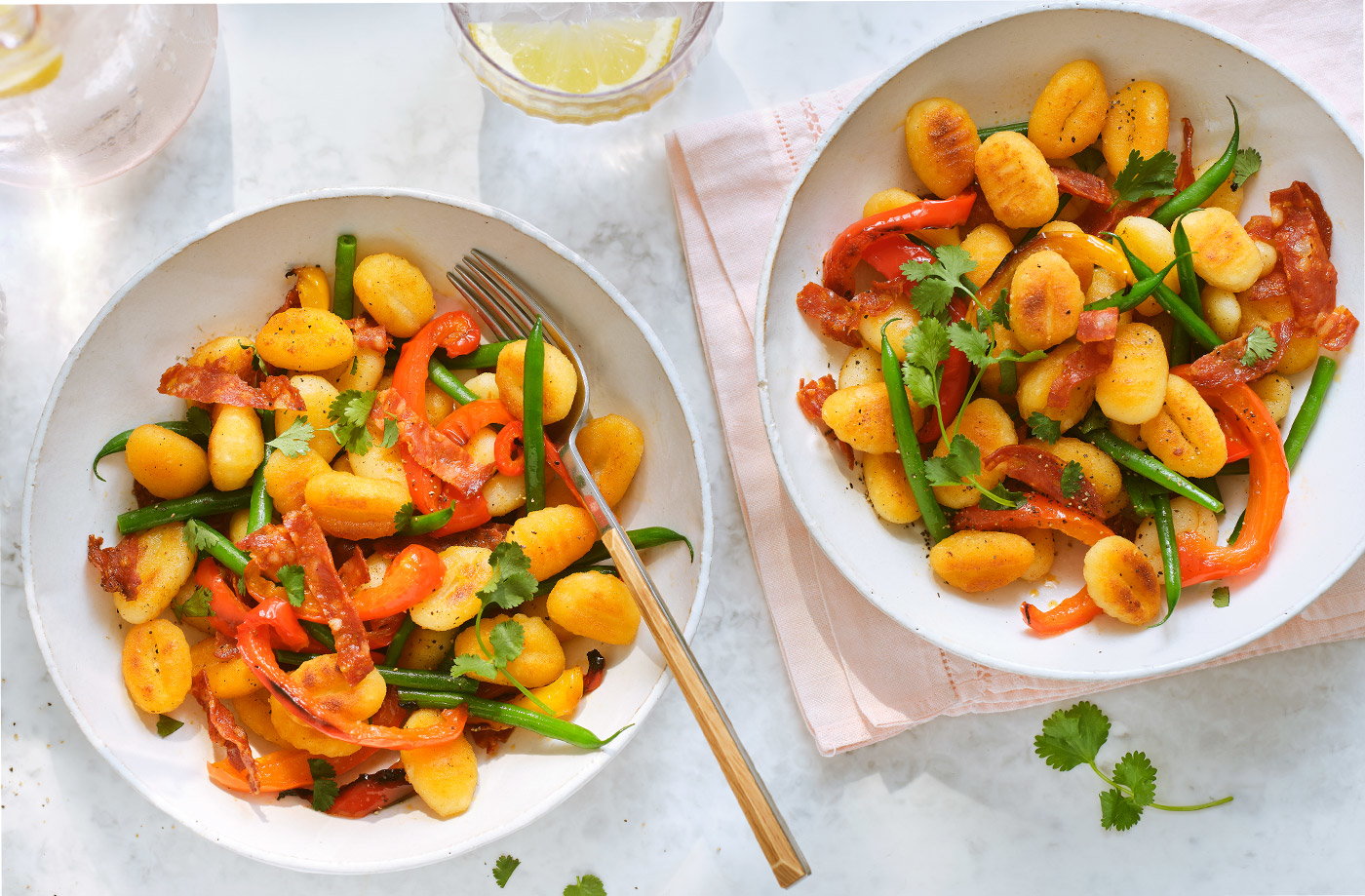 Crispy gnocchi with chorizo and green beans