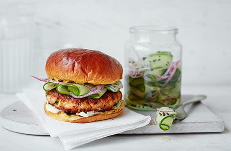 Image of "Asian-spiced salmon burgers with pickled cucumber"