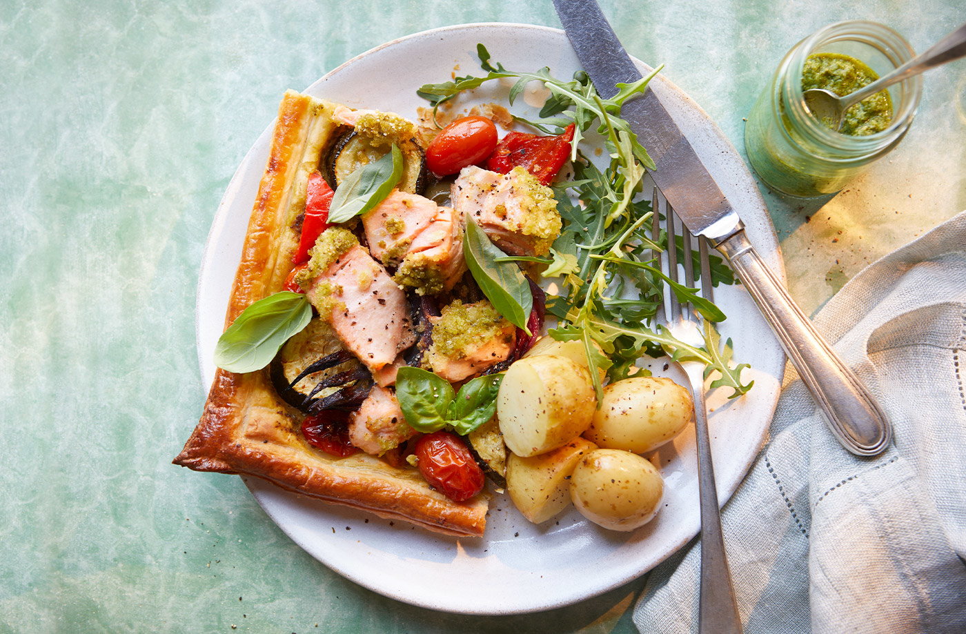 Roasted veg and salmon tart