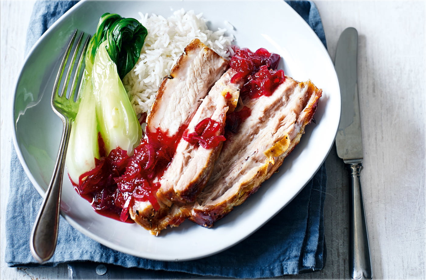 Roast pork belly with spiced plum sauce