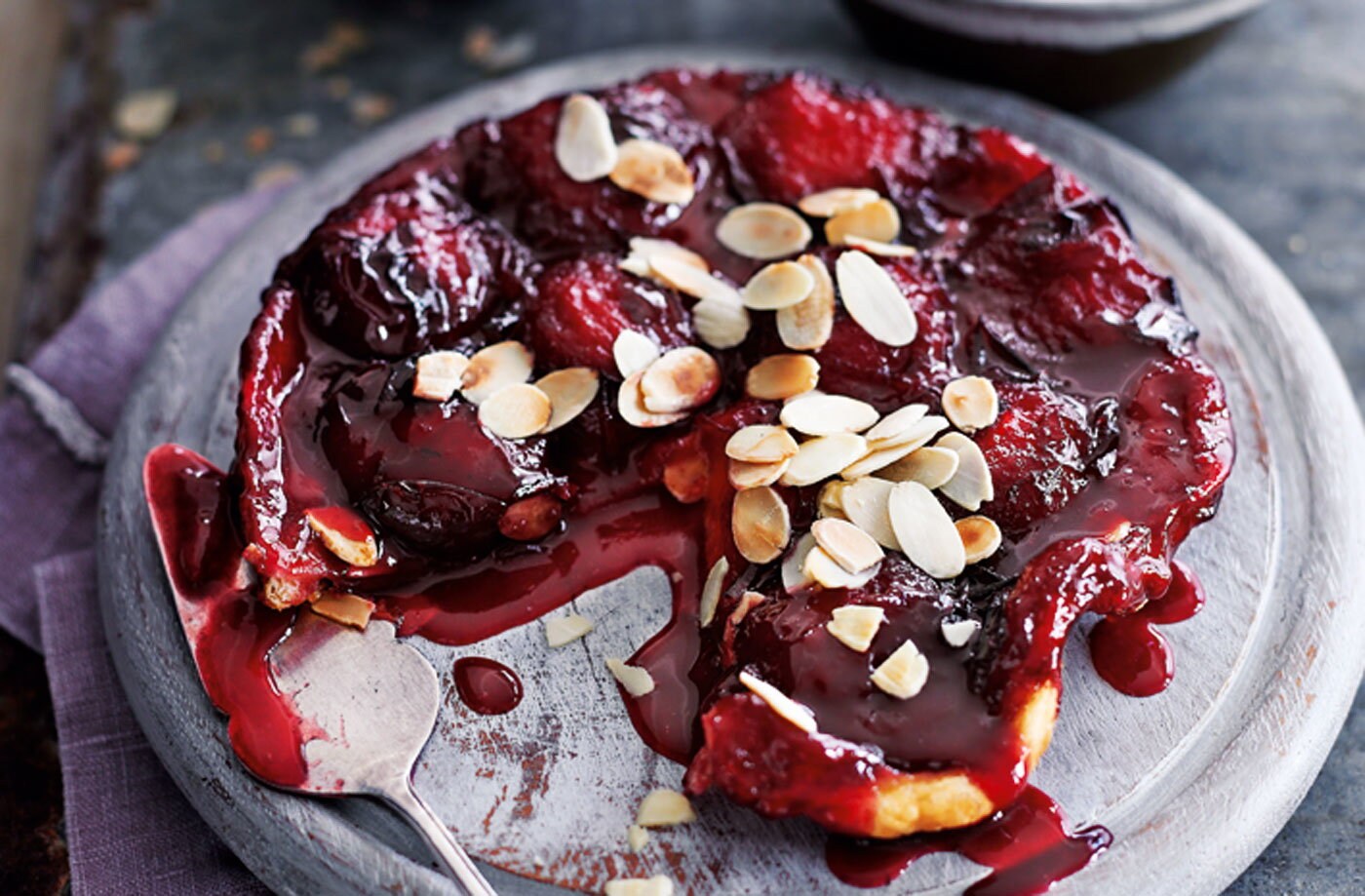 Plum and almond tarte Tatin