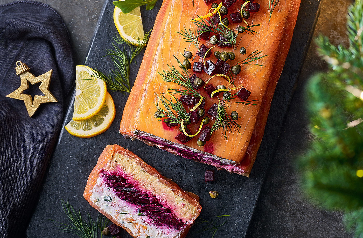 Smoked salmon and beetroot terrine