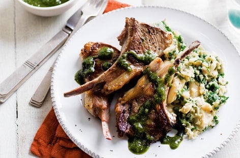 Image of "Lamb cutlets with butter bean mash and almond pesto"