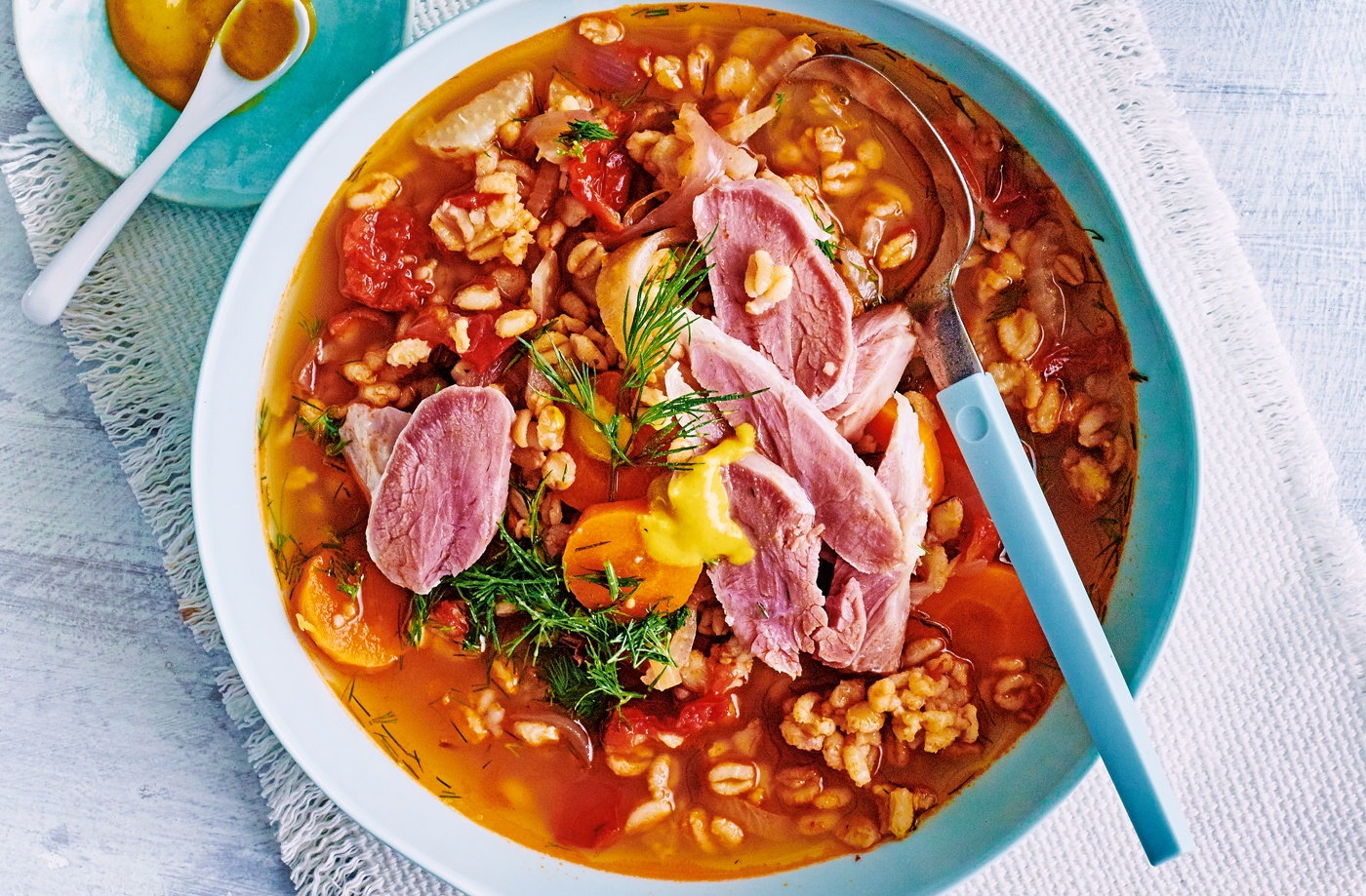 Braised ham with barley, fennel and dill