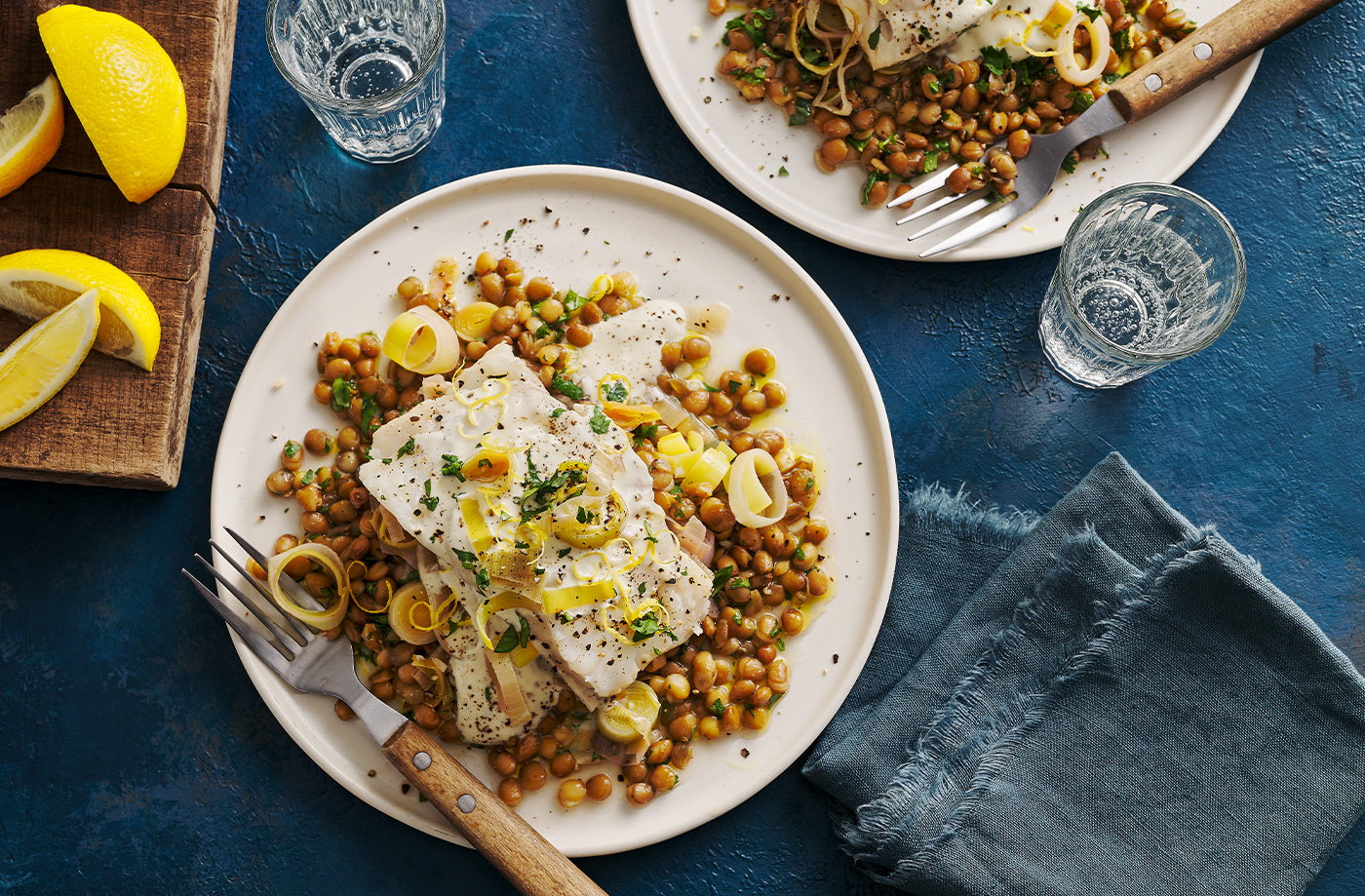 Cider-braised cod with lentils
