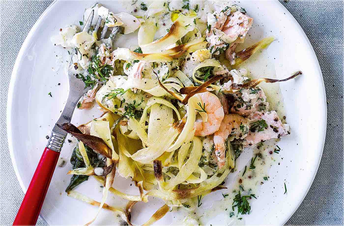 Creamy fish pie with parsnip crisp topping