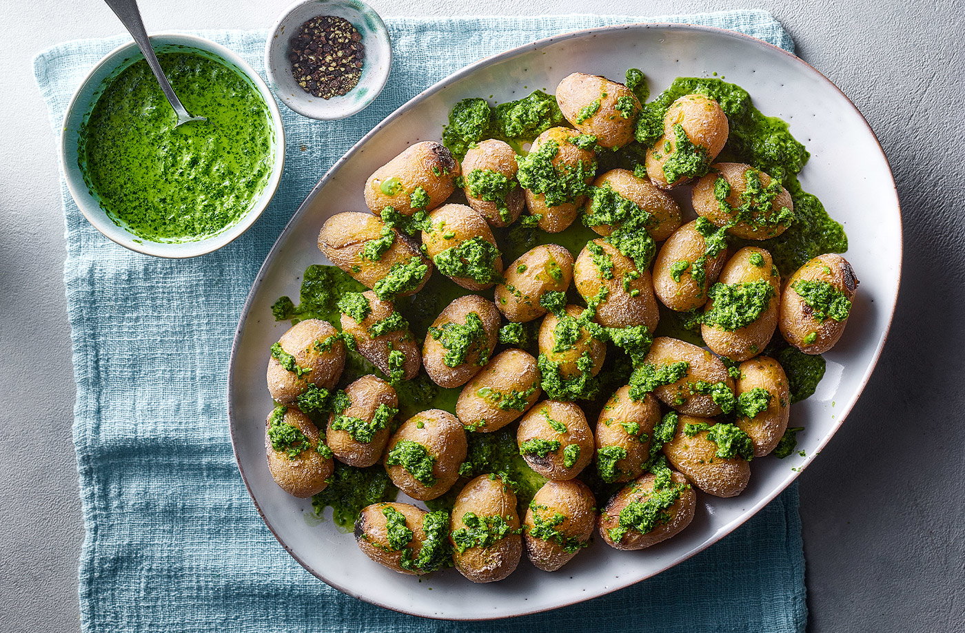 Salt-crusted potatoes with green sauce