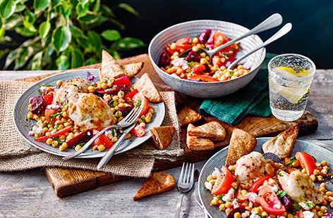 Image of "Crispy roast chicken thighs with beetroot and chickpea salad"