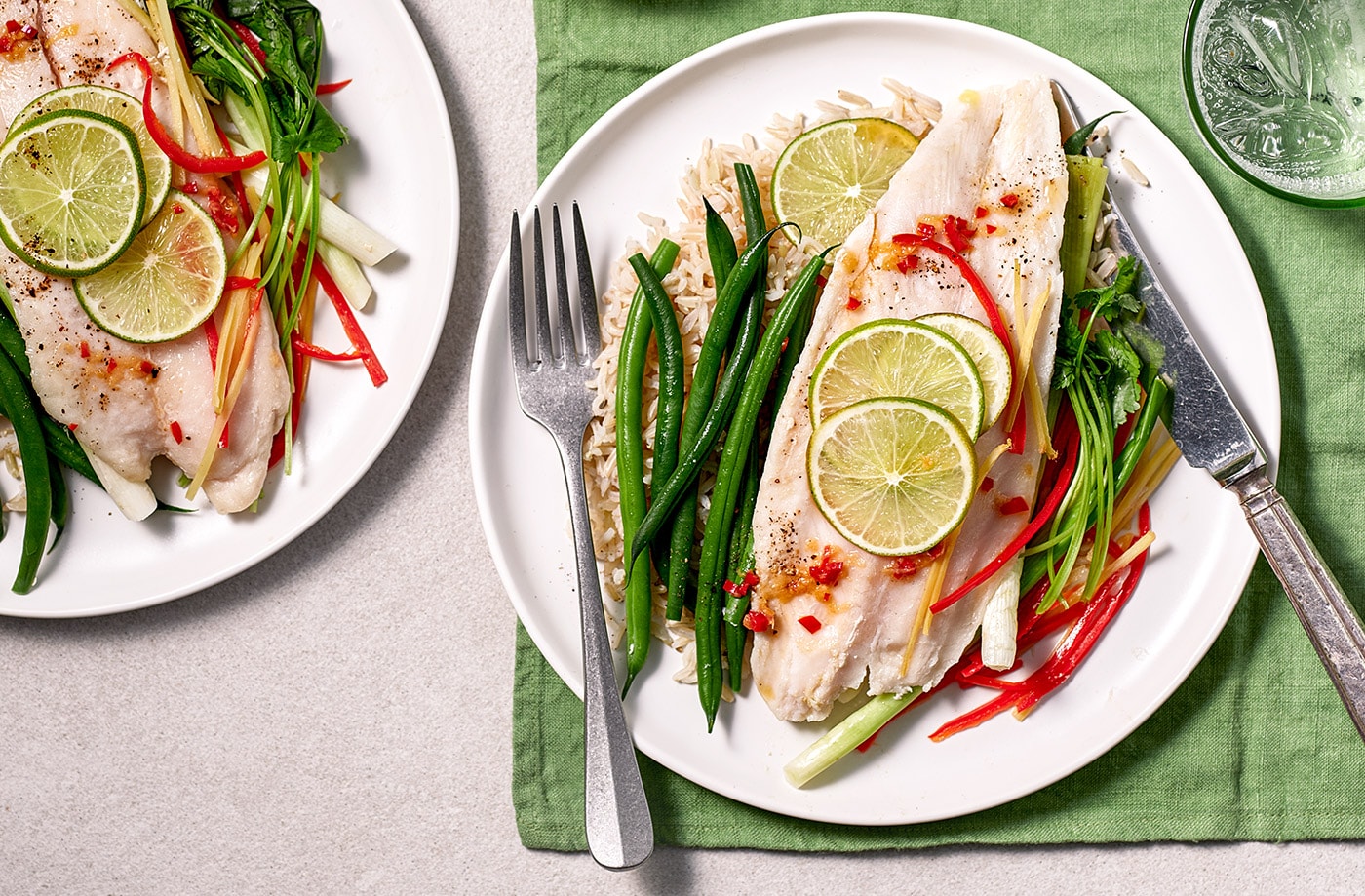 Basa with brown rice and green beans