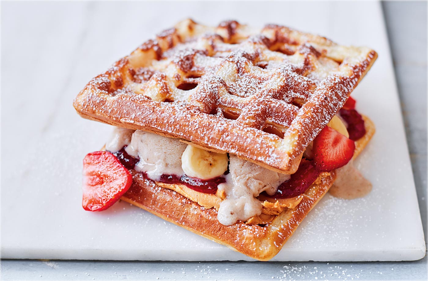 Peanut butter and jam ice-cream waffle sandwich