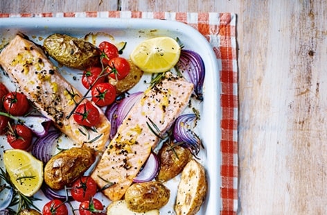 Image of "Baked salmon with roast Jersey Royals"