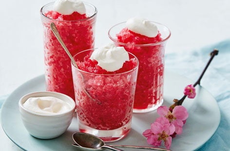 Image of "Rhubarb, raspberry and stem ginger granita with ginger cream"