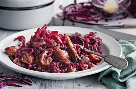 Image of "Spiced braised red cabbage with red wine vinegar and chestnuts"