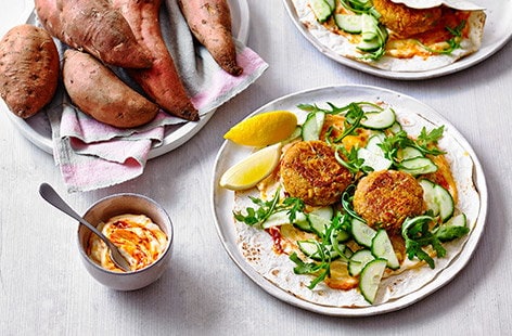 Image of "Sweet potato and chickpea patty wraps"