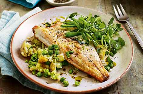 Image of "Pan-fried sea bass with pea and potato salad"