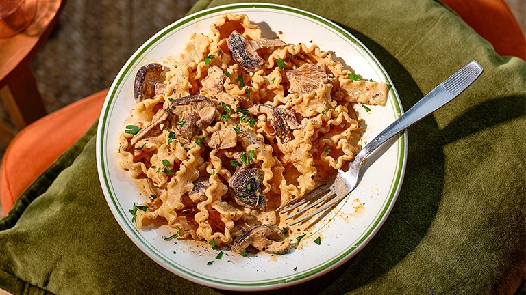 Speedy shiitake stroganoff with ruffled pasta recipe