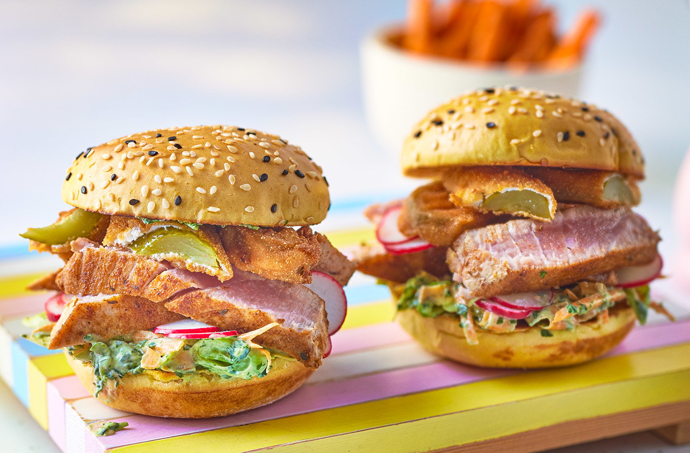 Fatti's tuna burgers with fried pickles