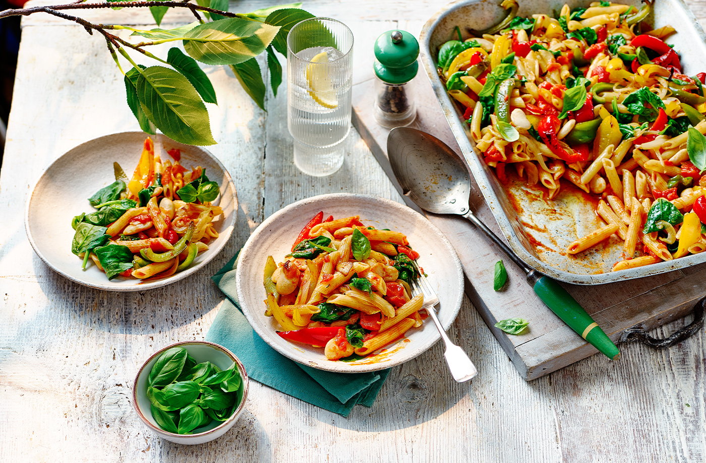 One-tray baked pepper and butter bean pasta