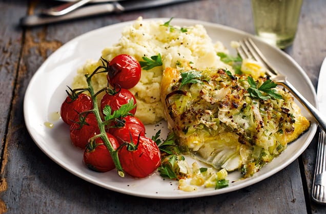 Smoked haddock topped with cheddar and leek