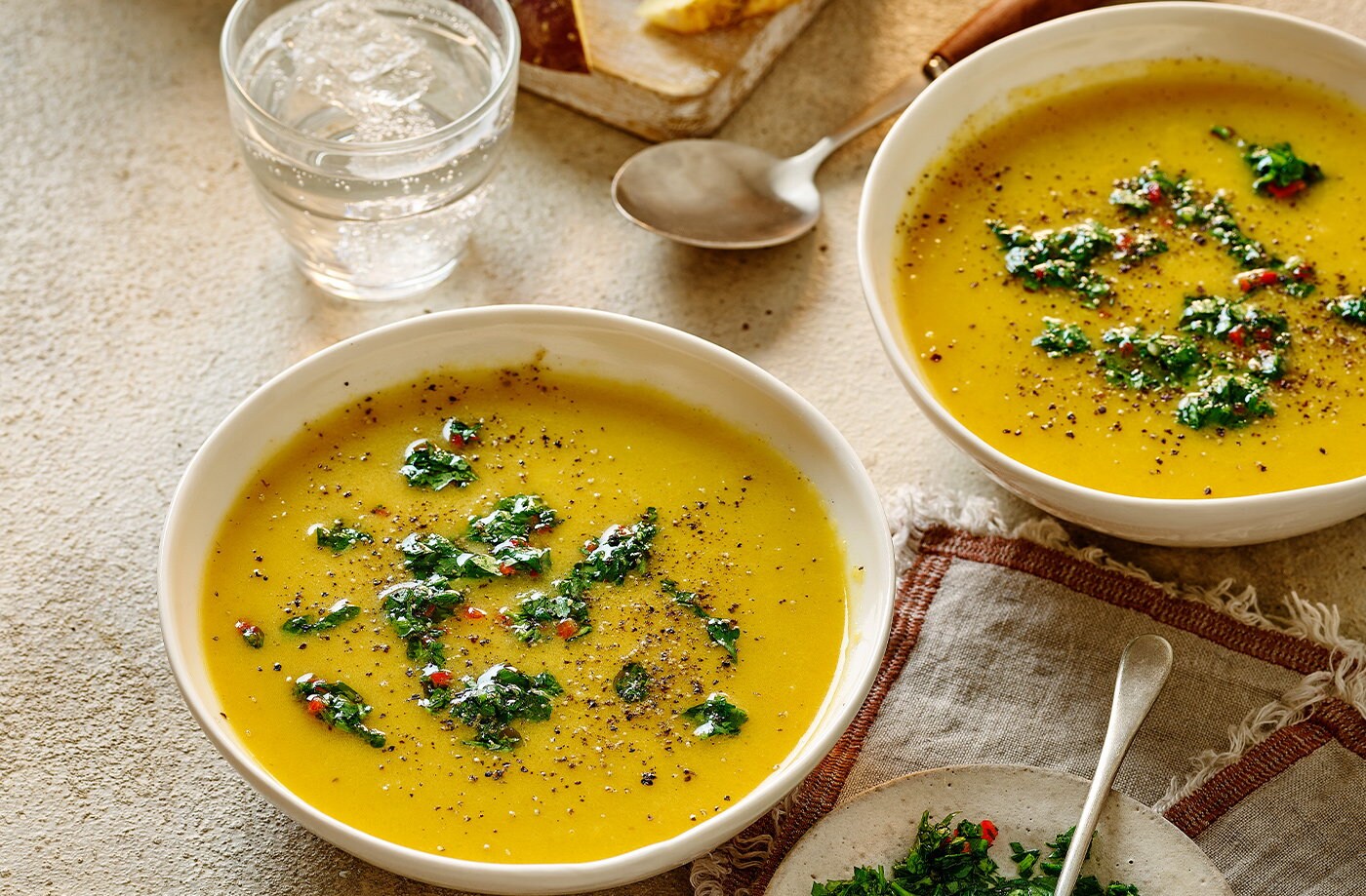 Spiced swede and carrot soup with chimichurri
