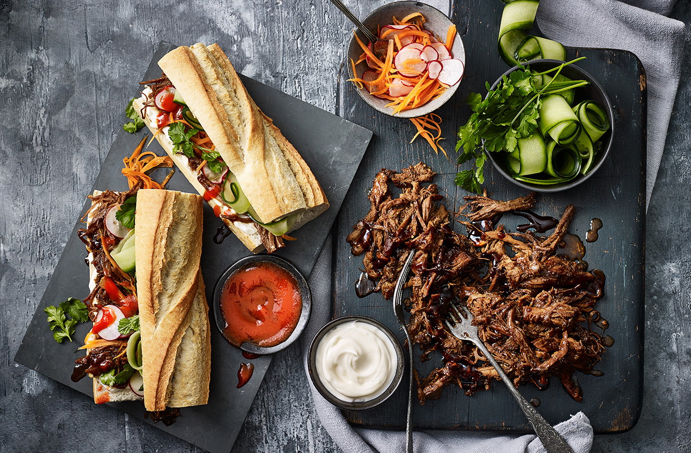 Hoisin pulled pork with quick pickled vegetables