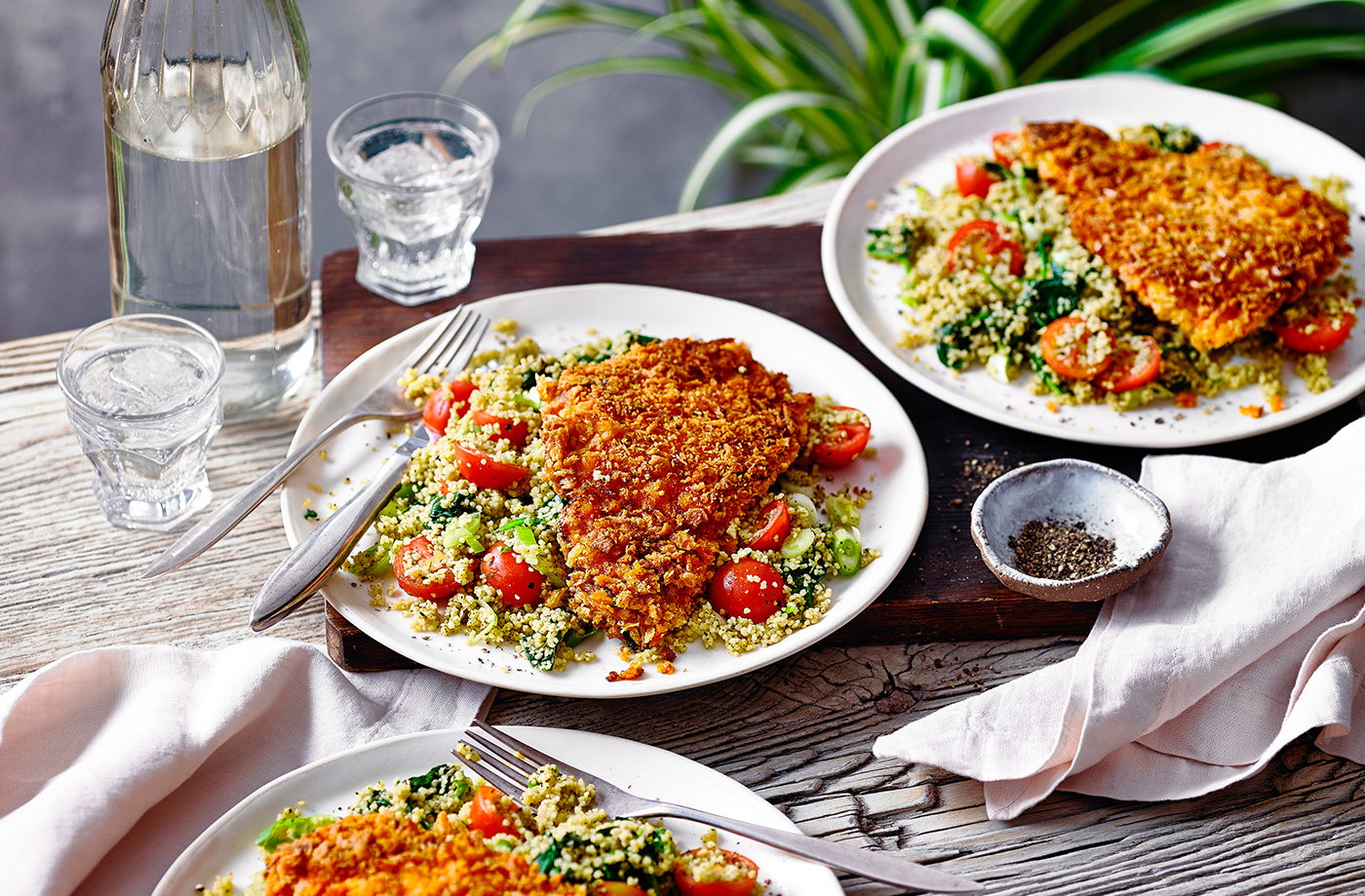Spiced chicken escalope with couscous salad