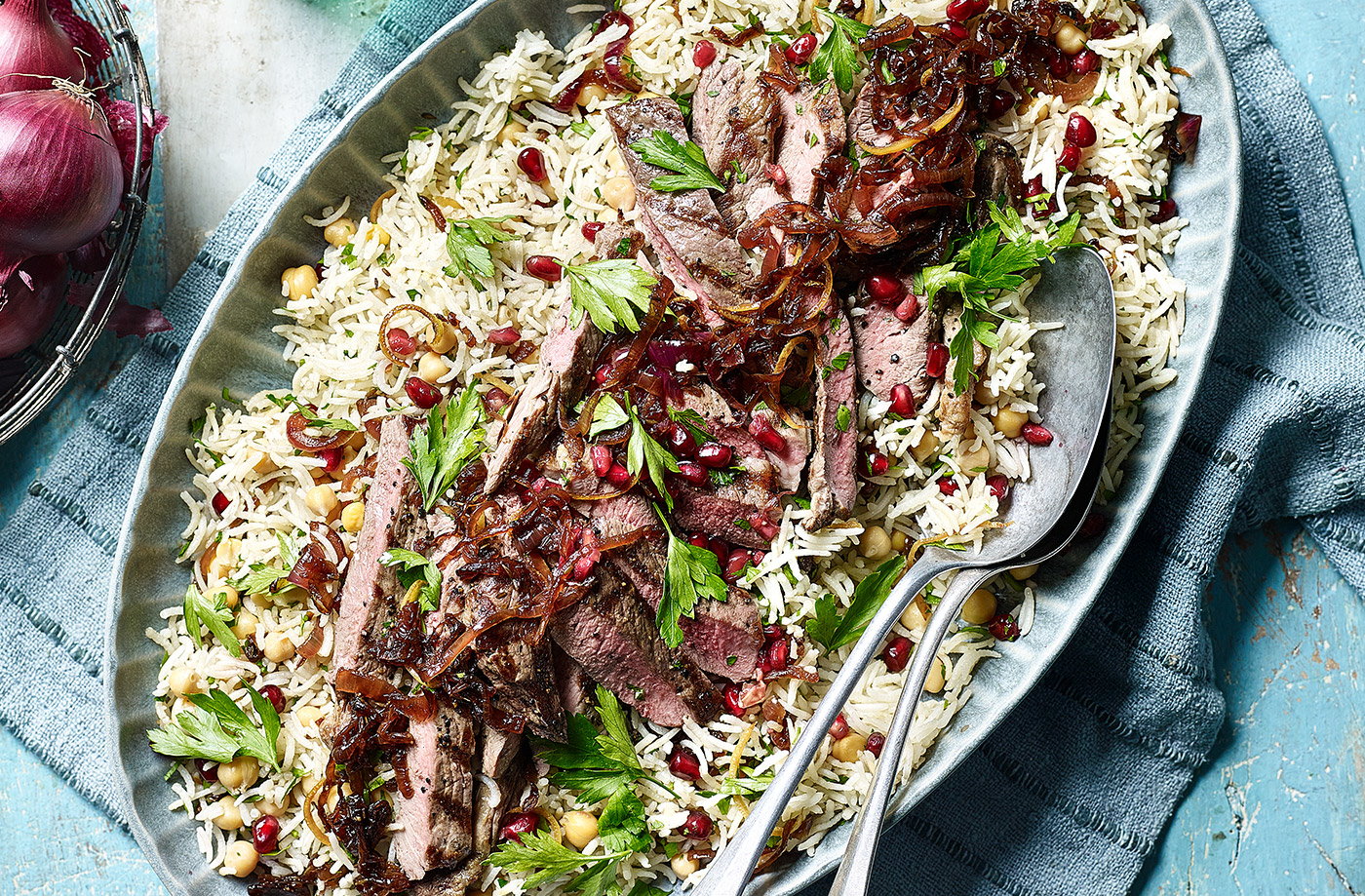Jammy red onion and chickpea pilaf