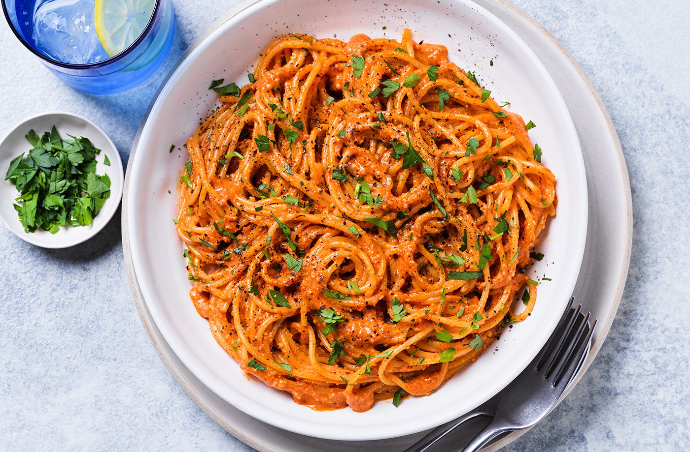 Spaghetti with romesco sauce