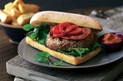 Spanish burgers with chorizo and smoky paprika mayo