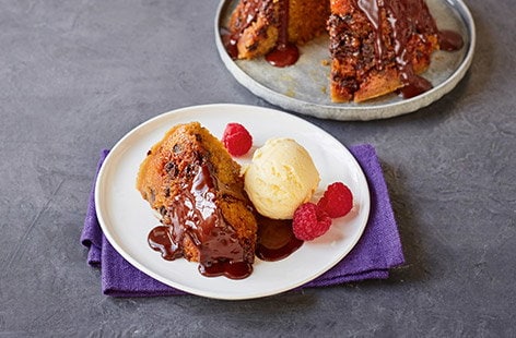 Image of "Chocolate chip steamed pudding with ice cream"