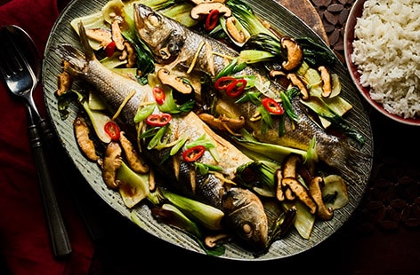 Image of "Sea bass with shiitake, ginger and pak choi"