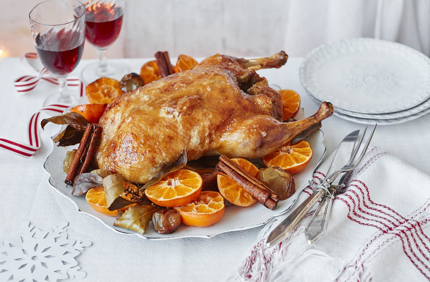 Spiced roast duck with clementines and a maple and mustard glaze