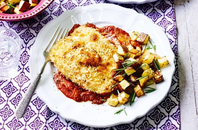 Chicken parmigiana with roast potatoes