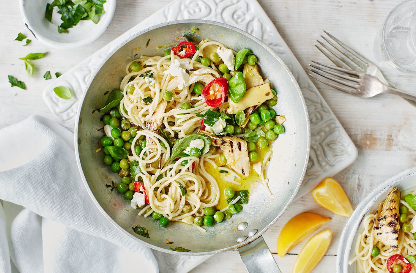 Charred artichoke and goat’s cheese pasta